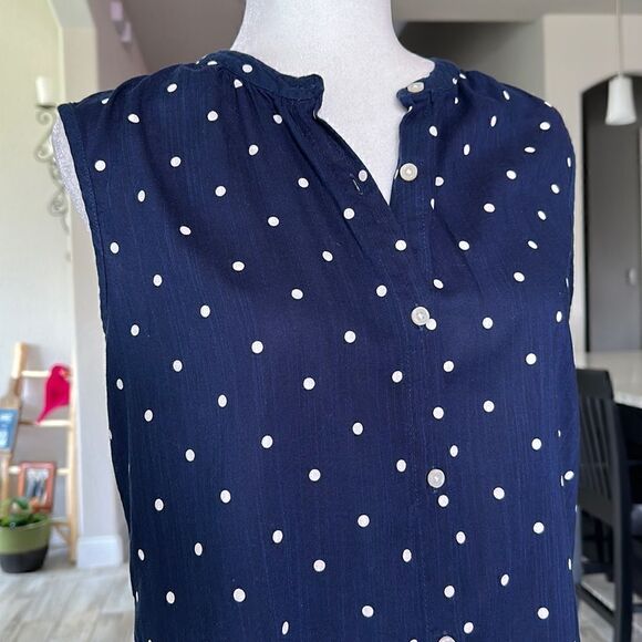 Old Navy Blue Sleeveless Button Down White Polla Dots Cotton Viscose XS Nautic - Picture 4 of 10
